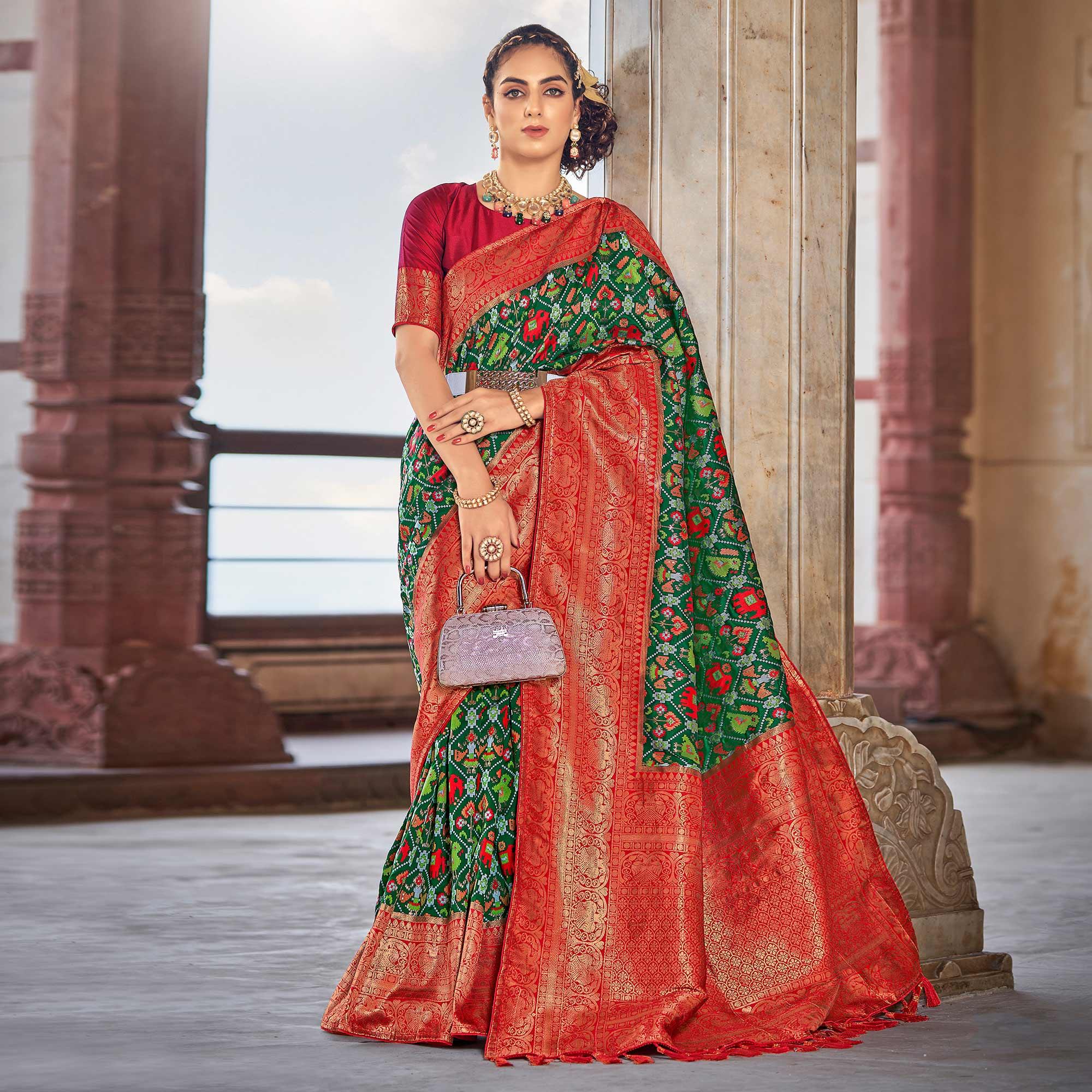 Green Woven Patola Art Silk Saree - Peachmode