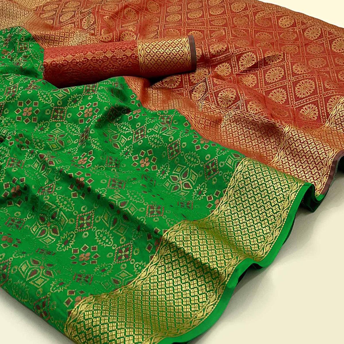 Green Woven Patola Art Silk Saree - Peachmode