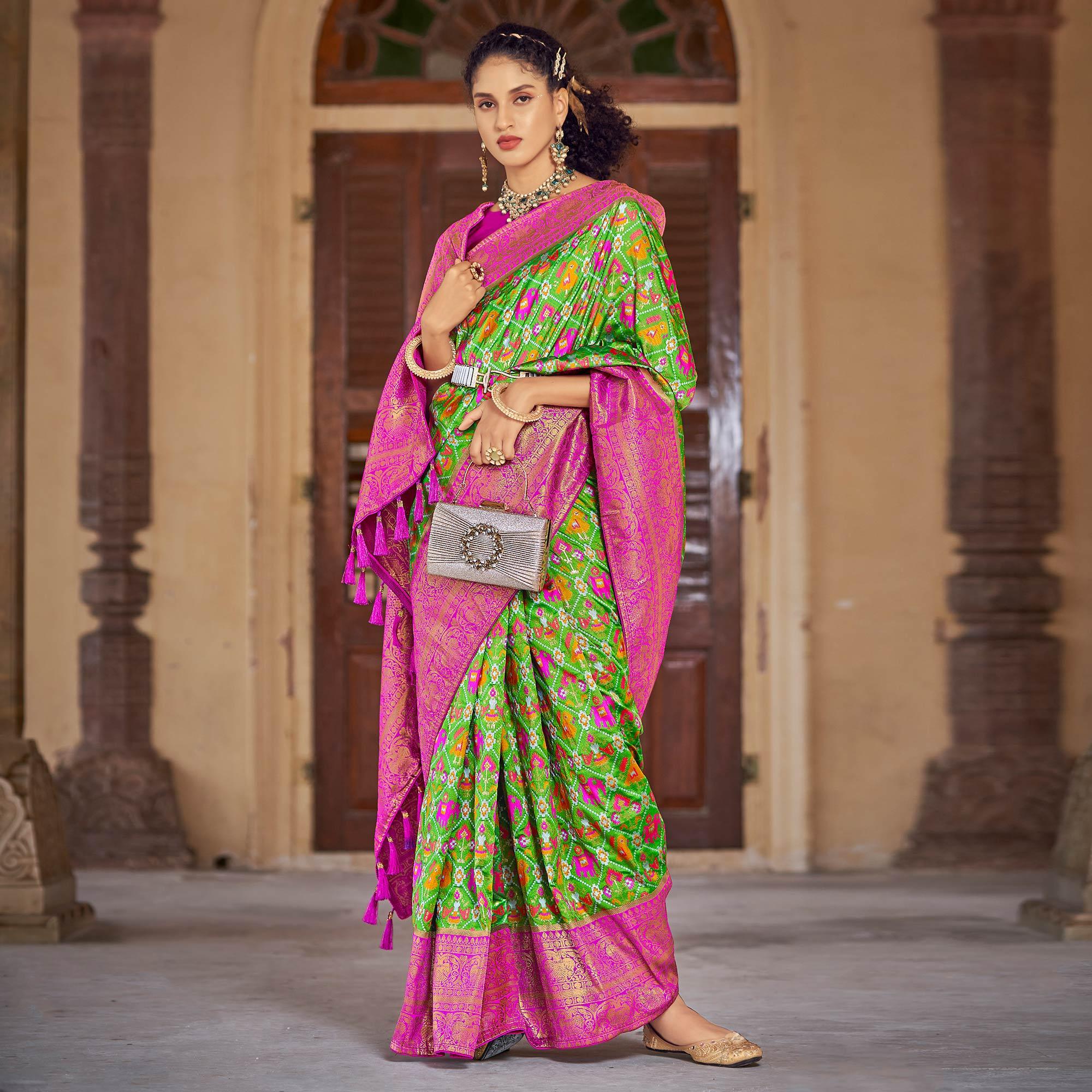 Green Woven Patola Art Silk Saree - Peachmode