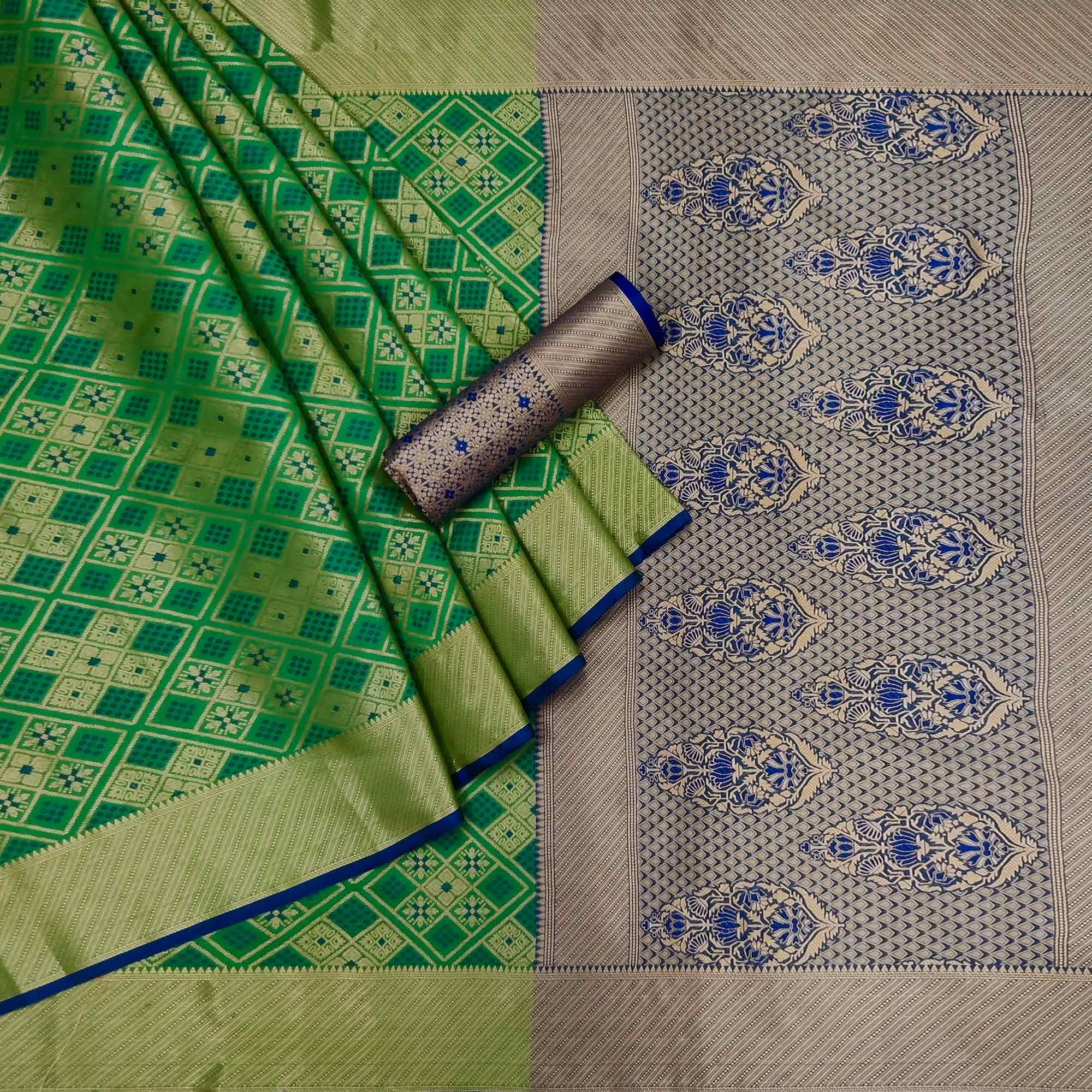Green Woven Patola Art Silk Saree - Peachmode