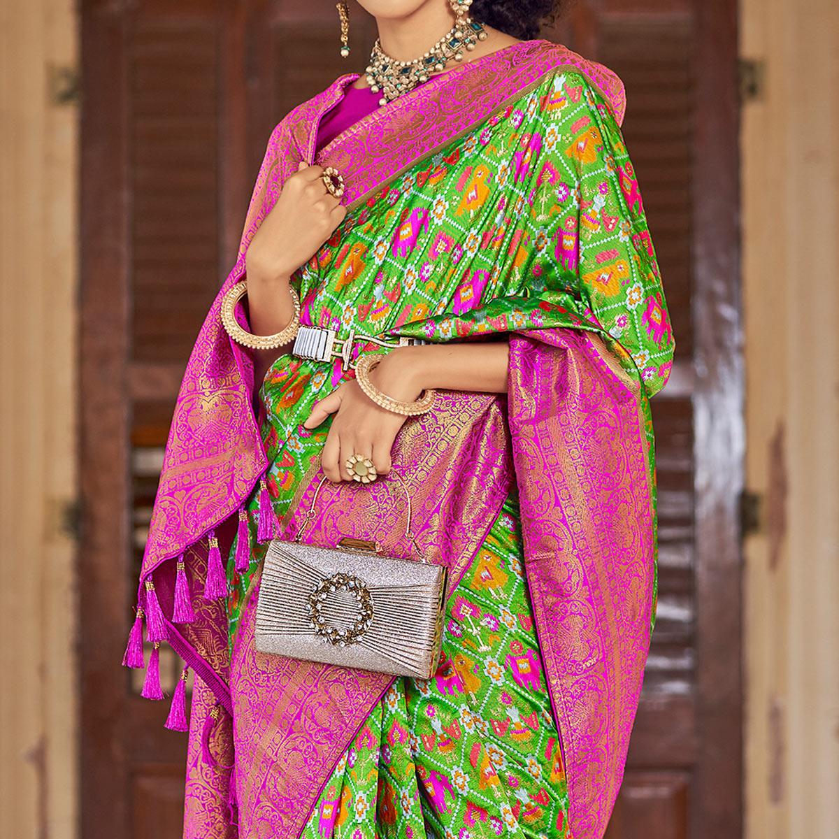 Green Woven Patola Art Silk Saree - Peachmode