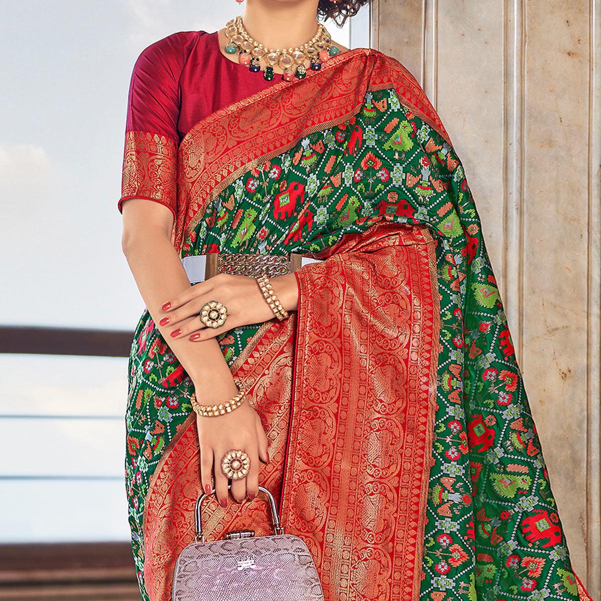 Green Woven Patola Art Silk Saree - Peachmode