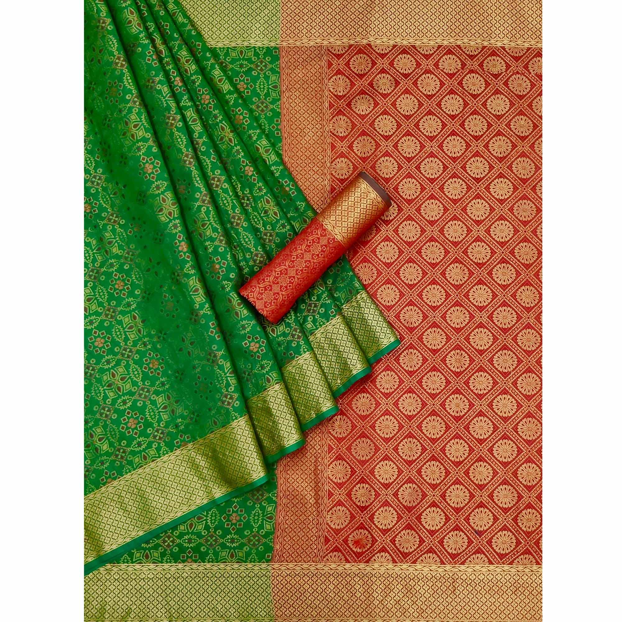 Green Woven Patola Art Silk Saree - Peachmode