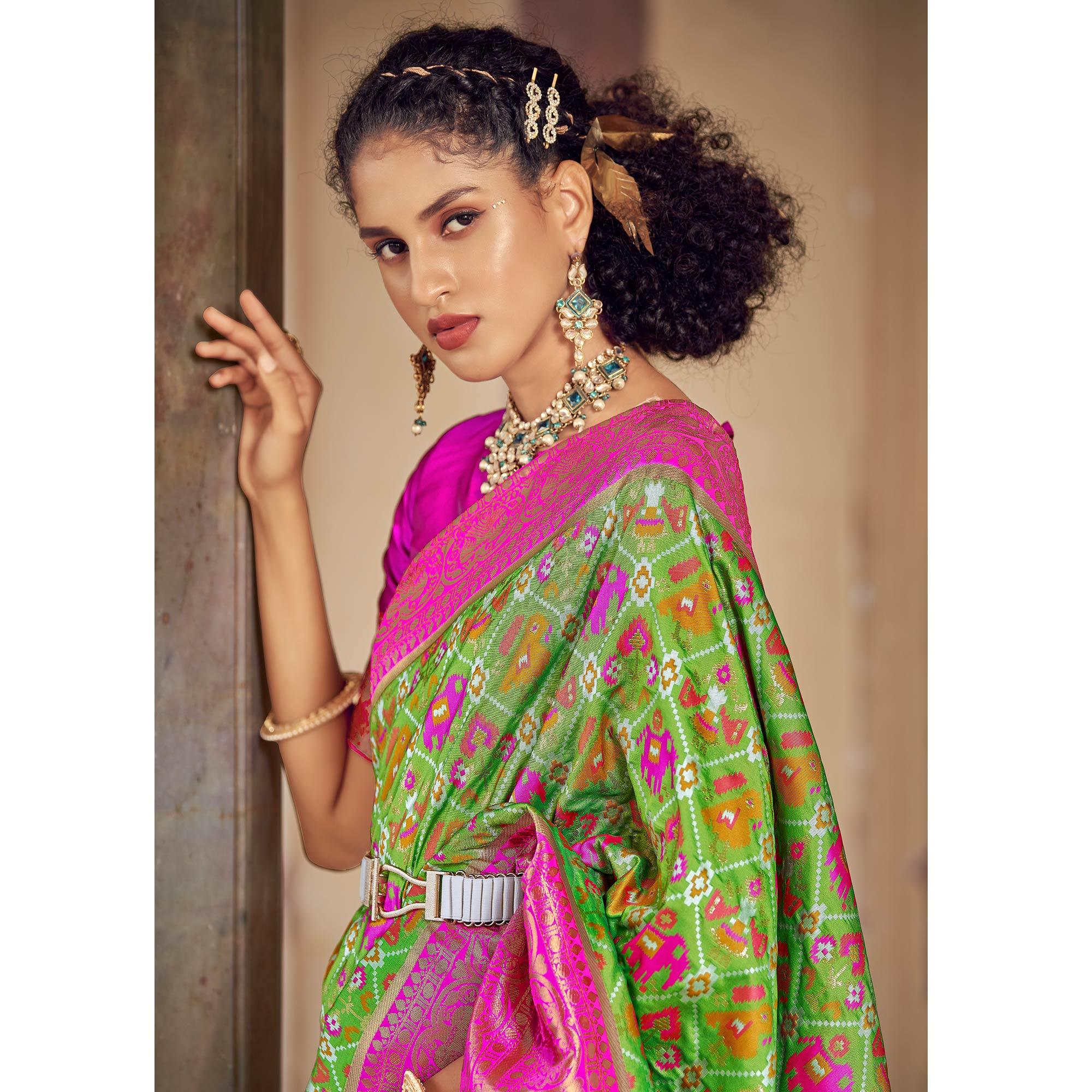 Green Woven Patola Art Silk Saree - Peachmode