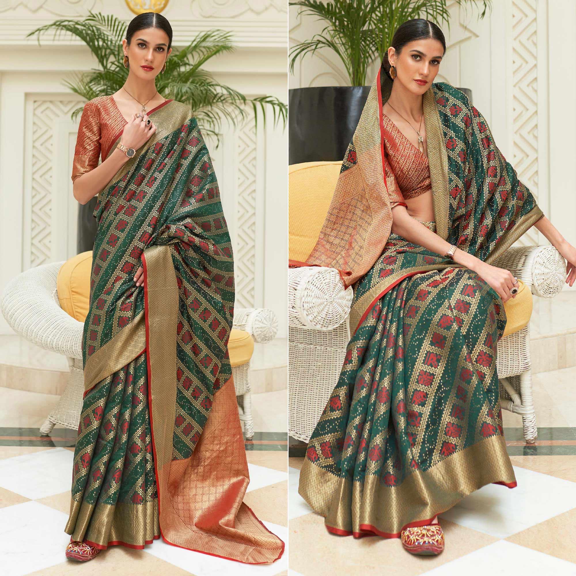 Green Woven Patola Silk Saree - Peachmode