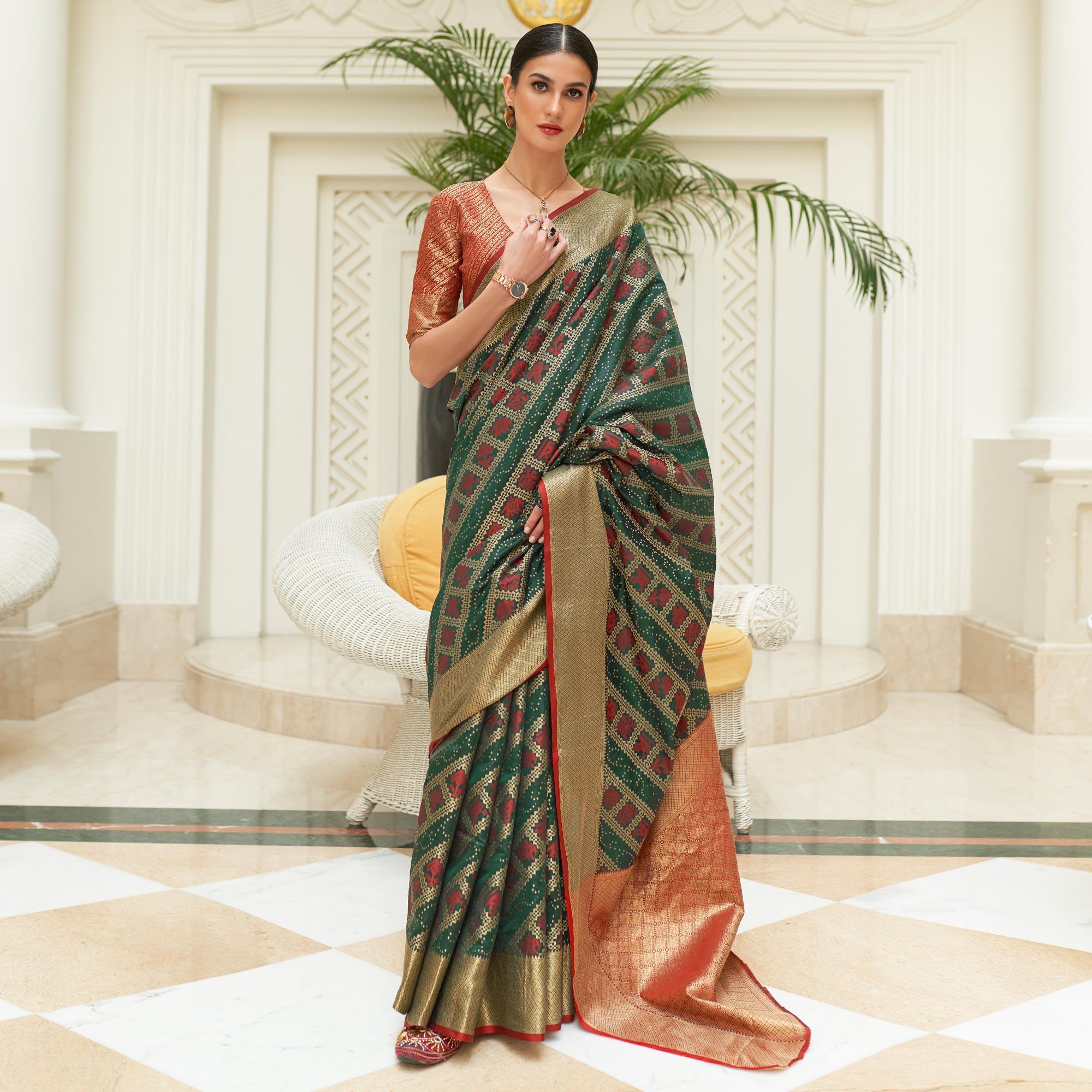Green Woven Patola Silk Saree - Peachmode
