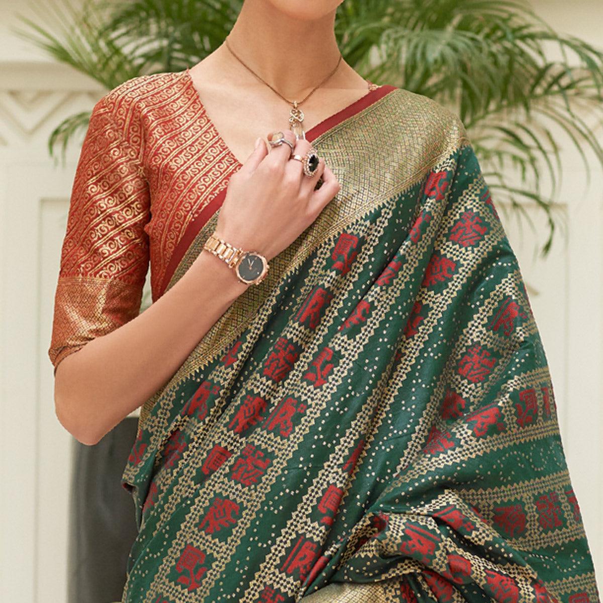 Green Woven Patola Silk Saree - Peachmode