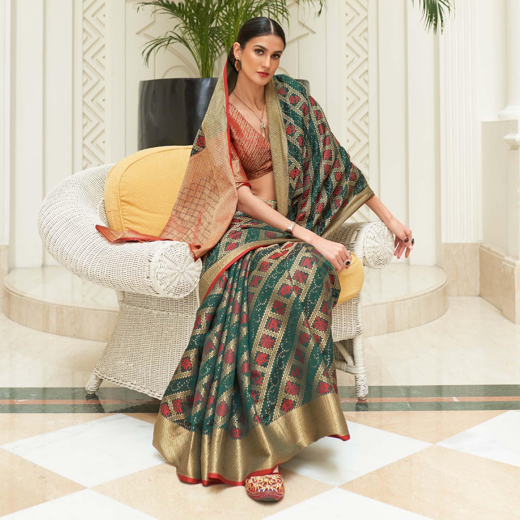 Green Woven Patola Silk Saree - Peachmode