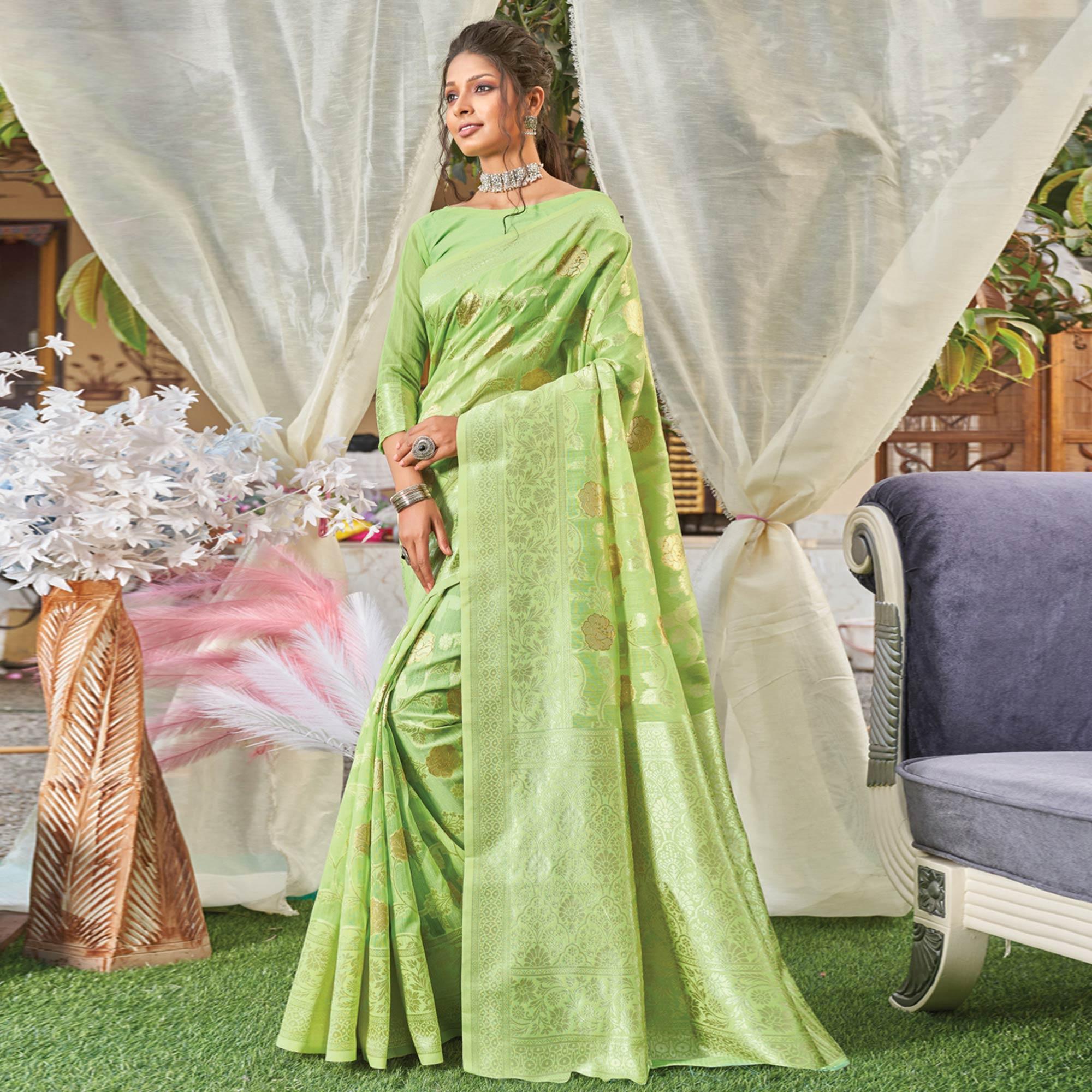 Green Woven Poly Cotton Saree - Peachmode