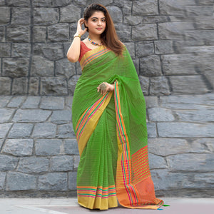 Green Woven Poly Cotton Saree - Peachmode