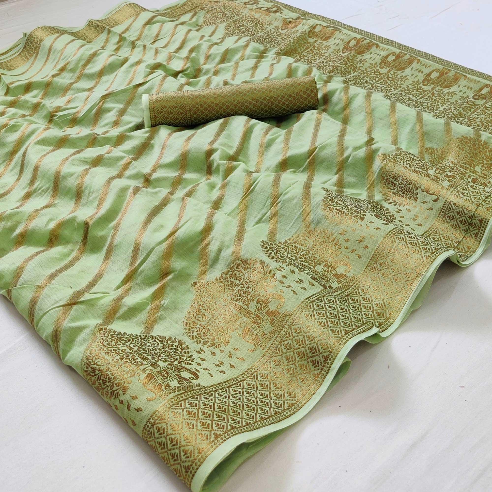 Green Woven Poly Cotton Saree - Peachmode