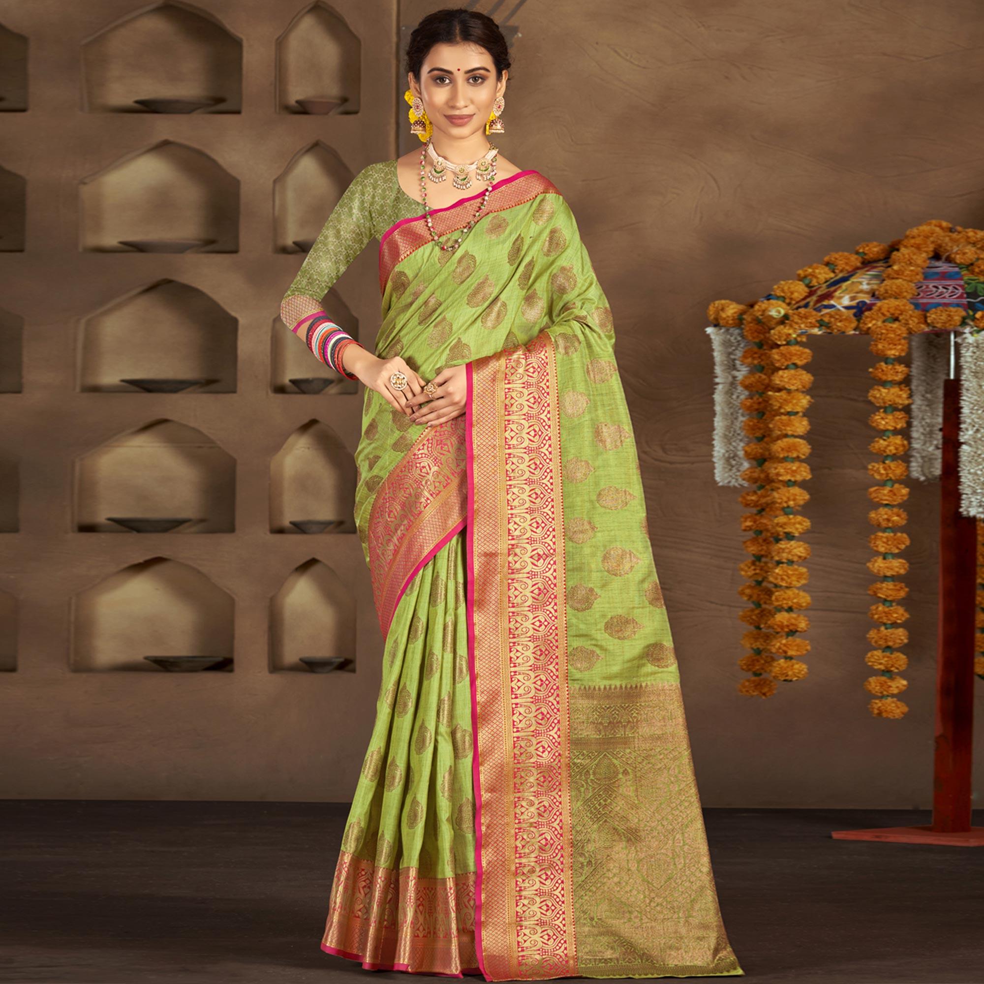 Green Woven Poly Cotton Saree - Peachmode