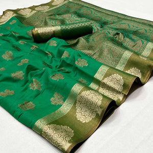 Green Woven Poly Cotton Saree - Peachmode