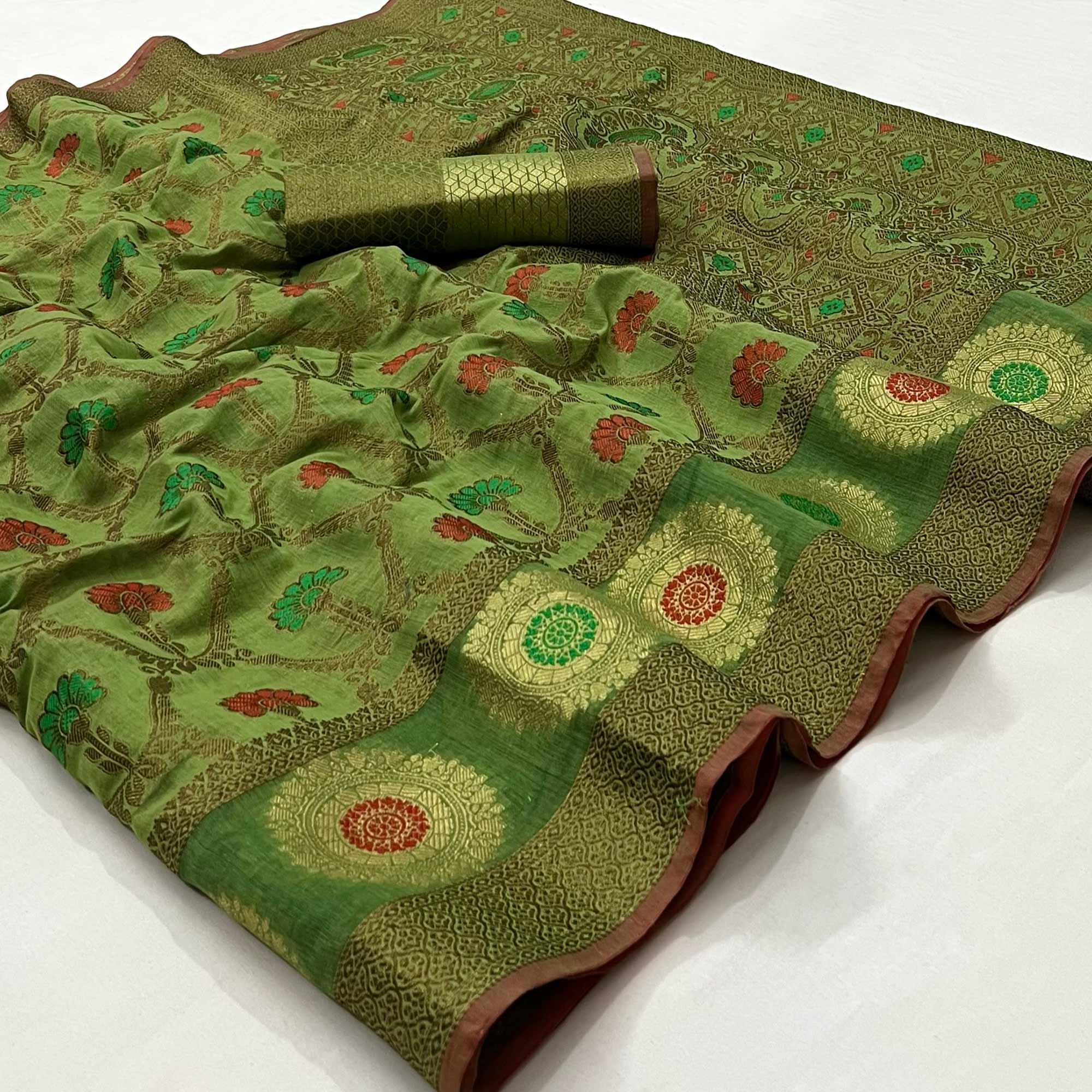 Green Woven Poly Cotton Saree - Peachmode