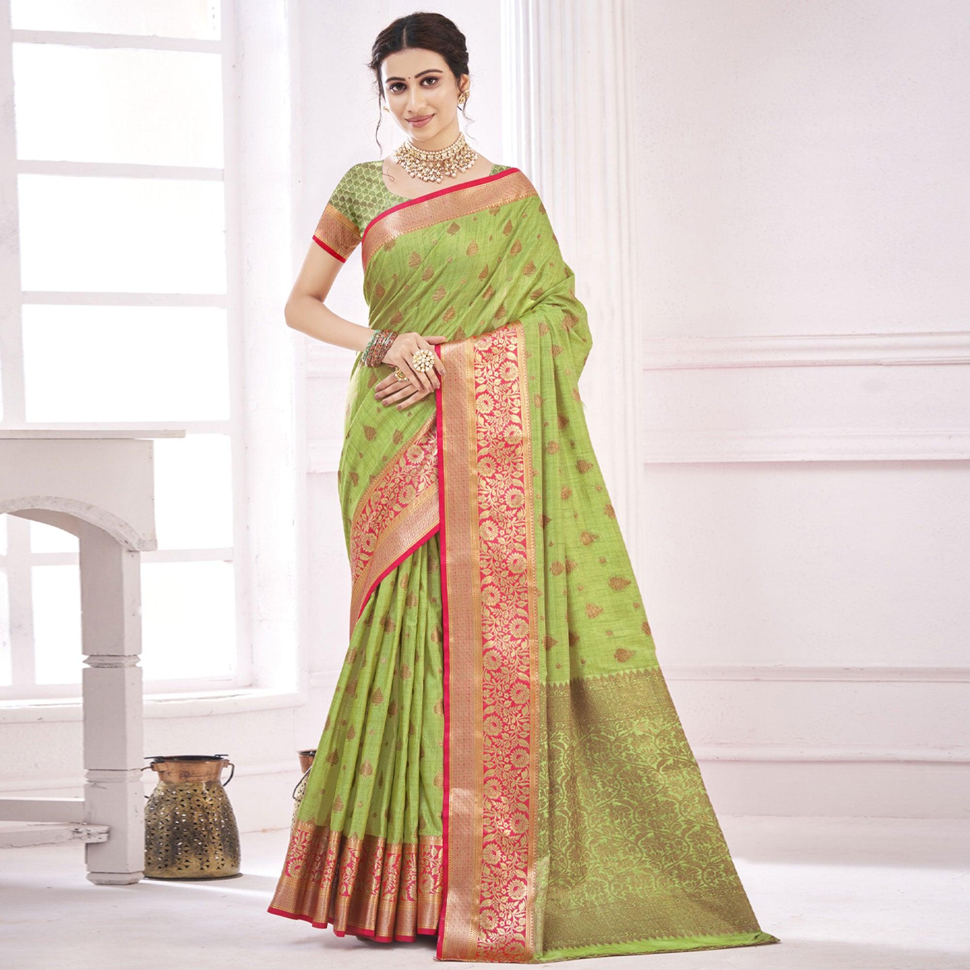 Green Woven Poly Cotton Saree - Peachmode
