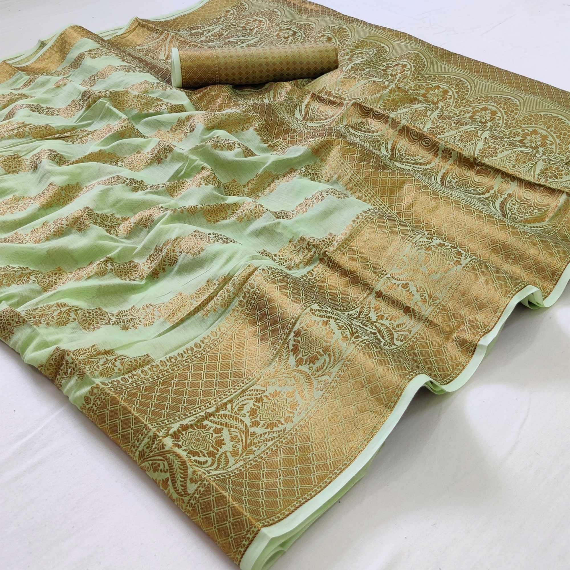Green Woven Poly Cotton Saree - Peachmode