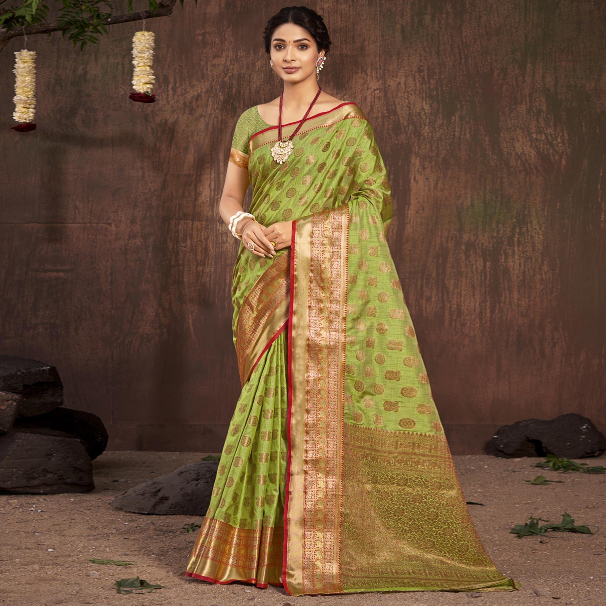 Green Woven Poly Cotton Saree - Peachmode