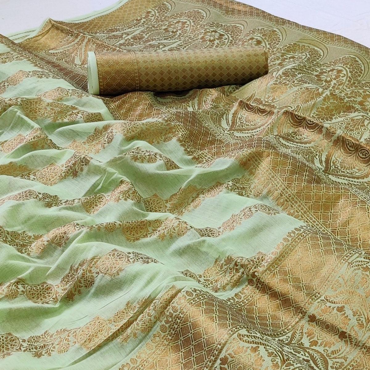 Green Woven Poly Cotton Saree - Peachmode