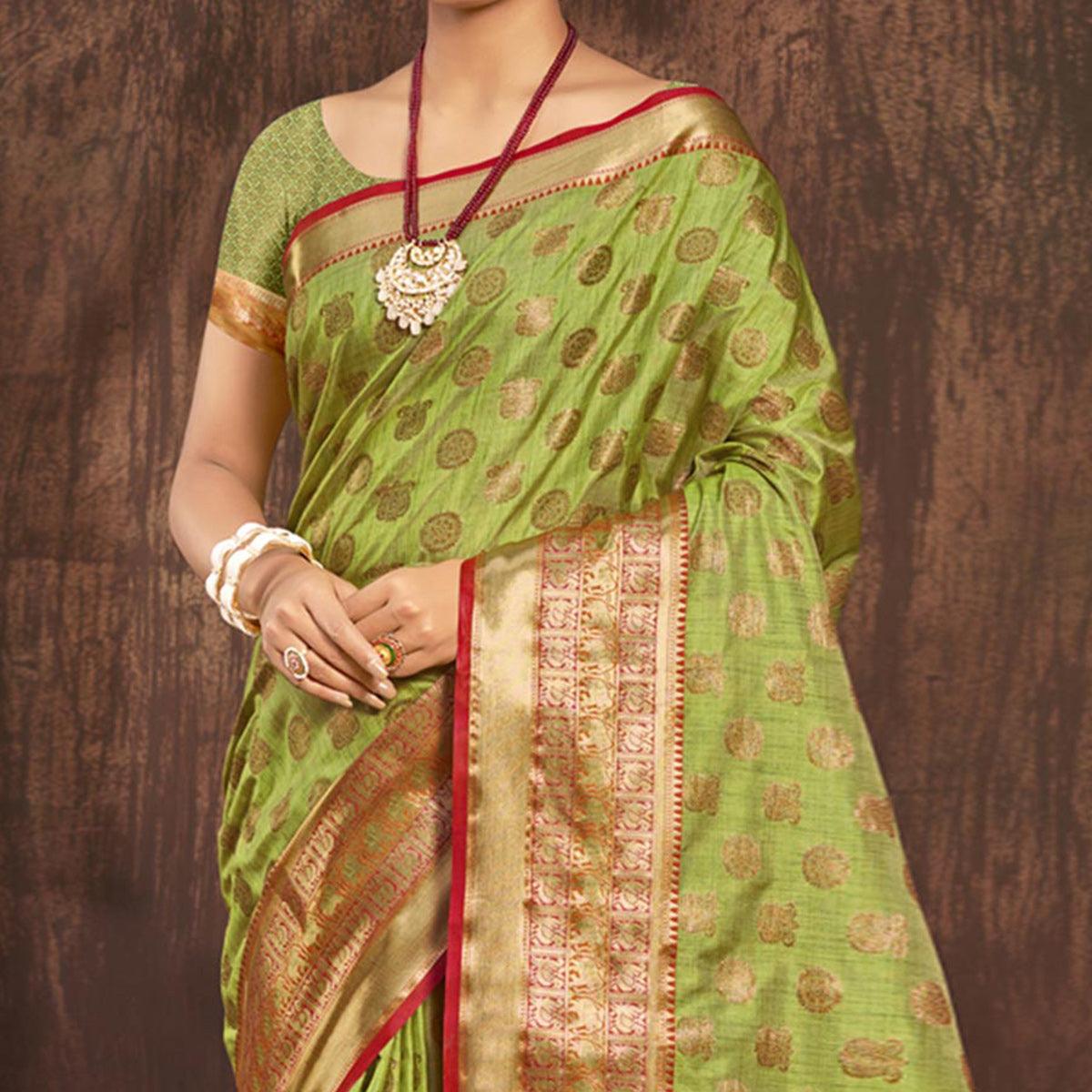 Green Woven Poly Cotton Saree - Peachmode