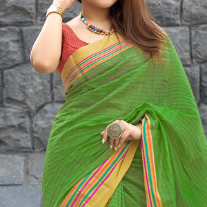 Green Woven Poly Cotton Saree - Peachmode
