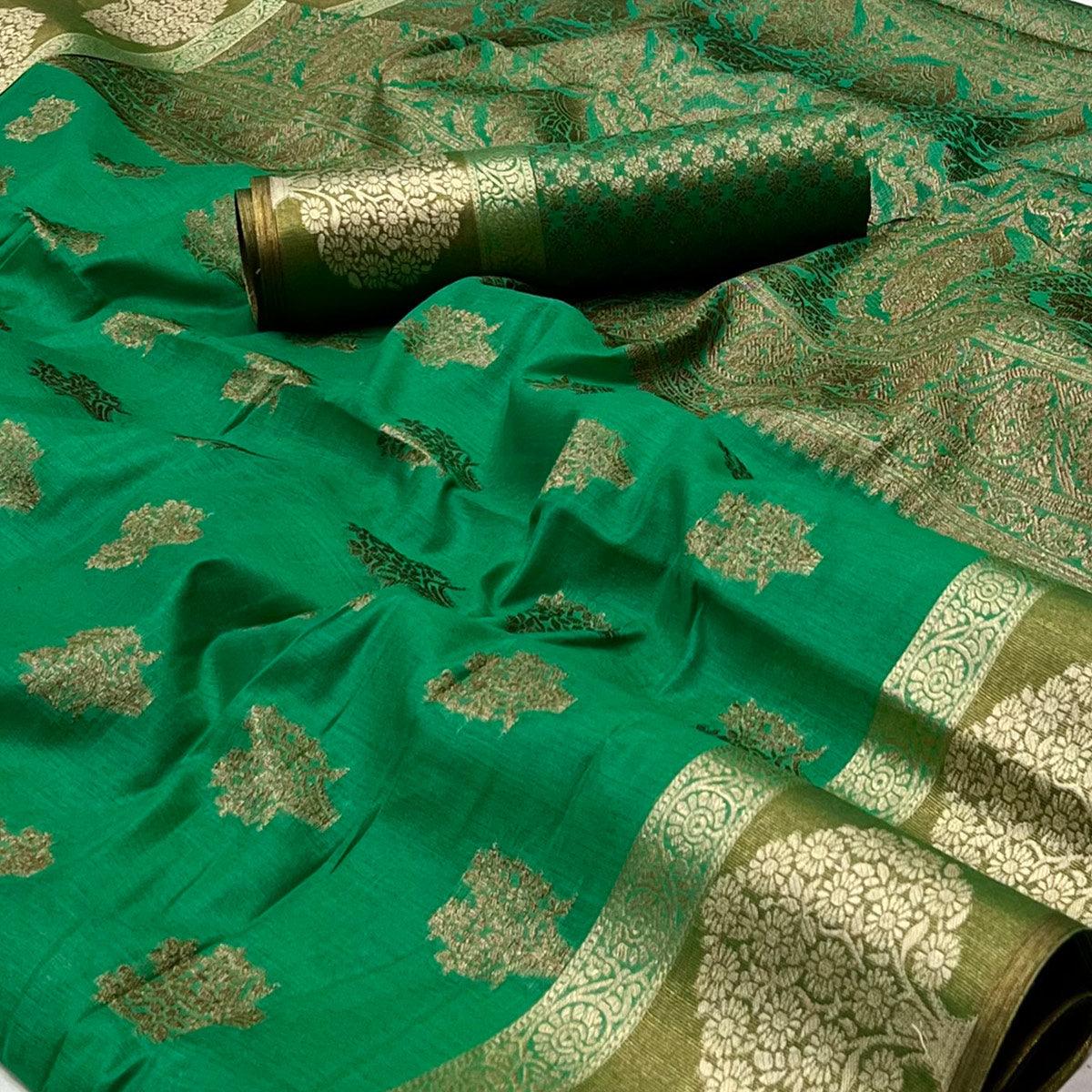 Green Woven Poly Cotton Saree - Peachmode