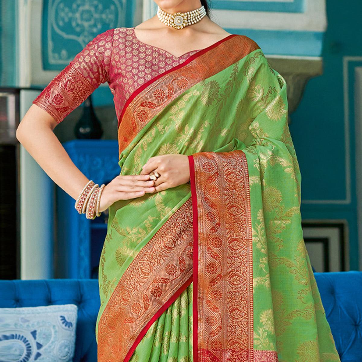 Green Woven Poly Cotton Saree - Peachmode