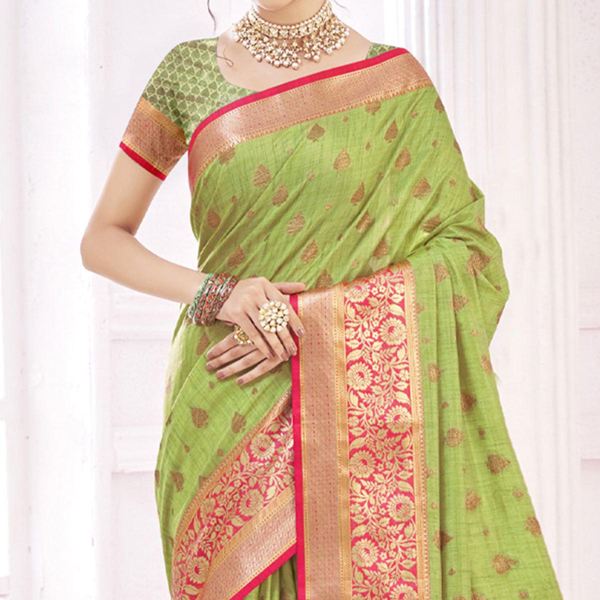 Green Woven Poly Cotton Saree - Peachmode