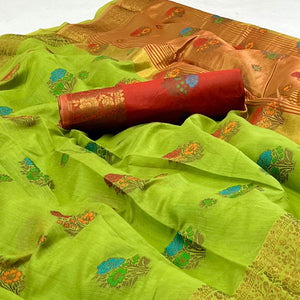 Green Woven Poly Cotton Saree - Peachmode