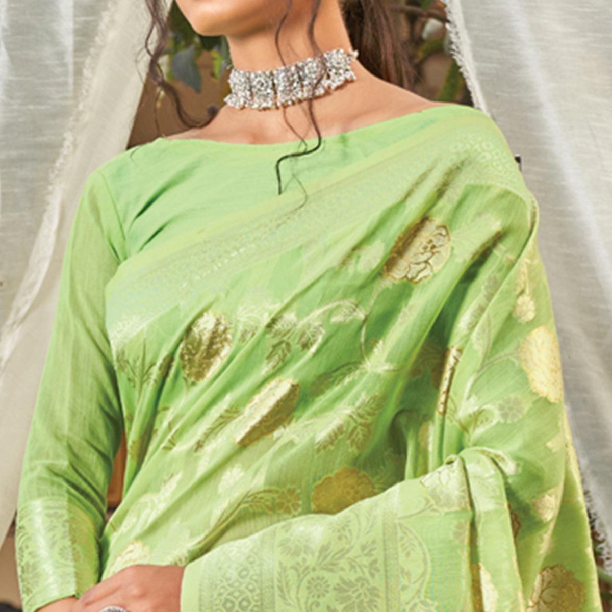 Green Woven Poly Cotton Saree - Peachmode