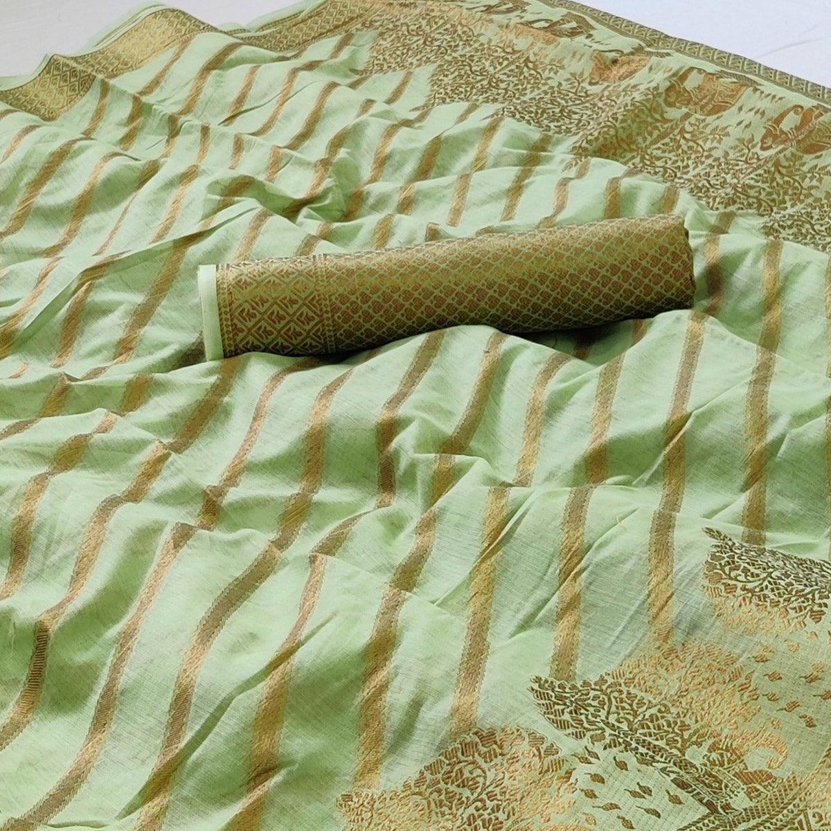 Green Woven Poly Cotton Saree - Peachmode