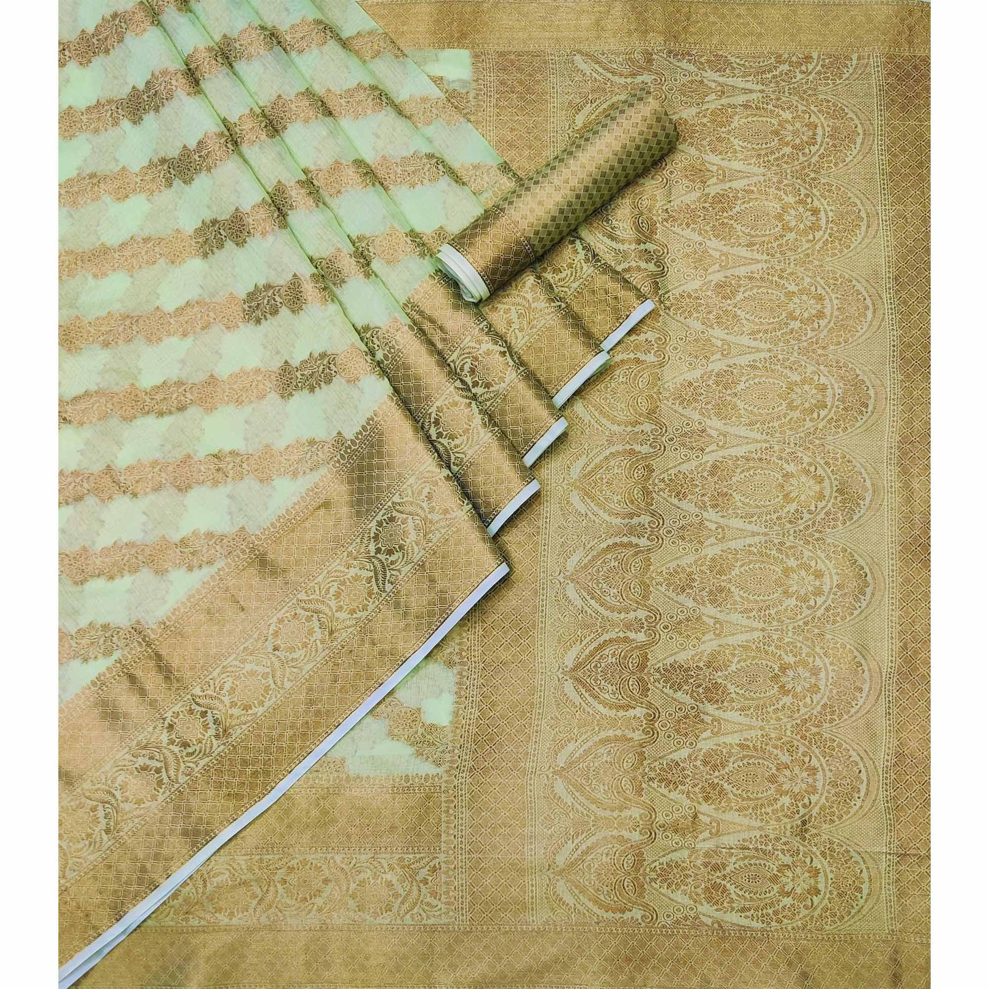 Green Woven Poly Cotton Saree - Peachmode