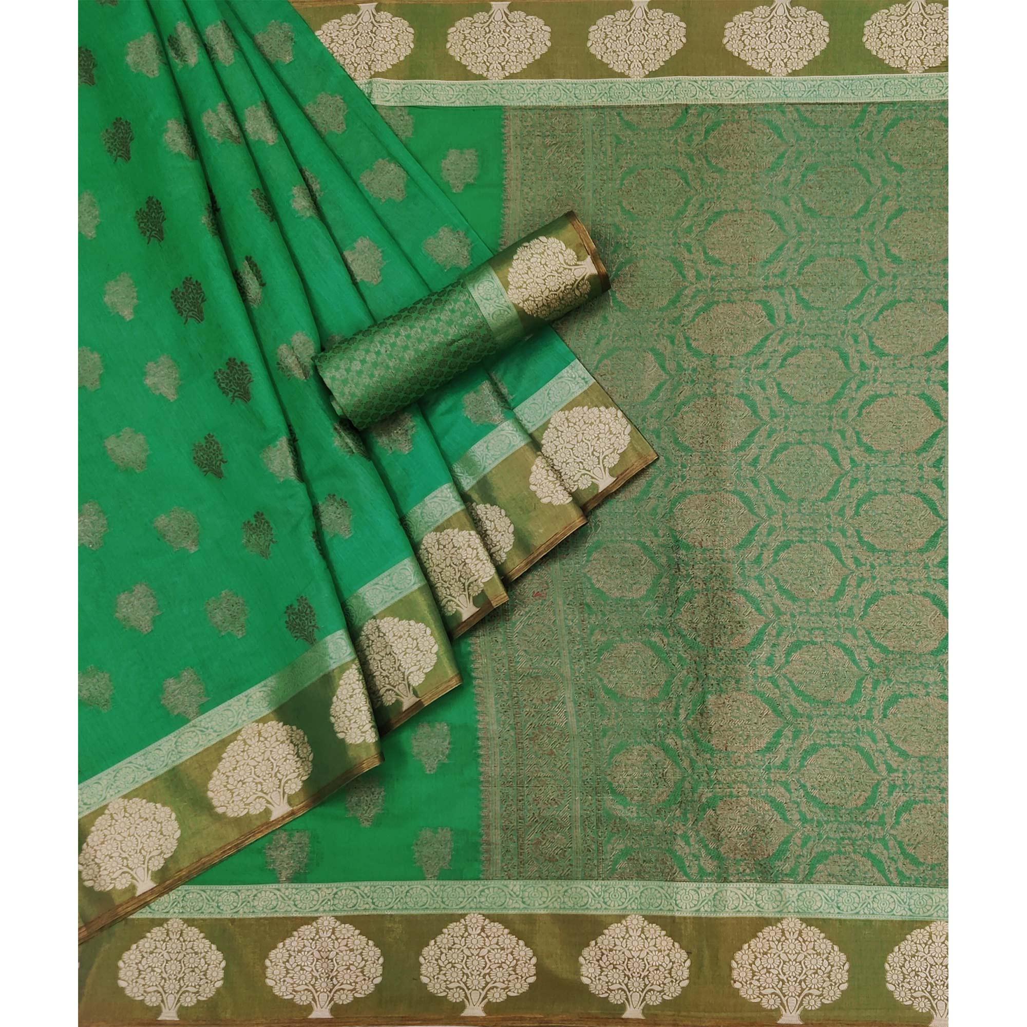 Green Woven Poly Cotton Saree - Peachmode