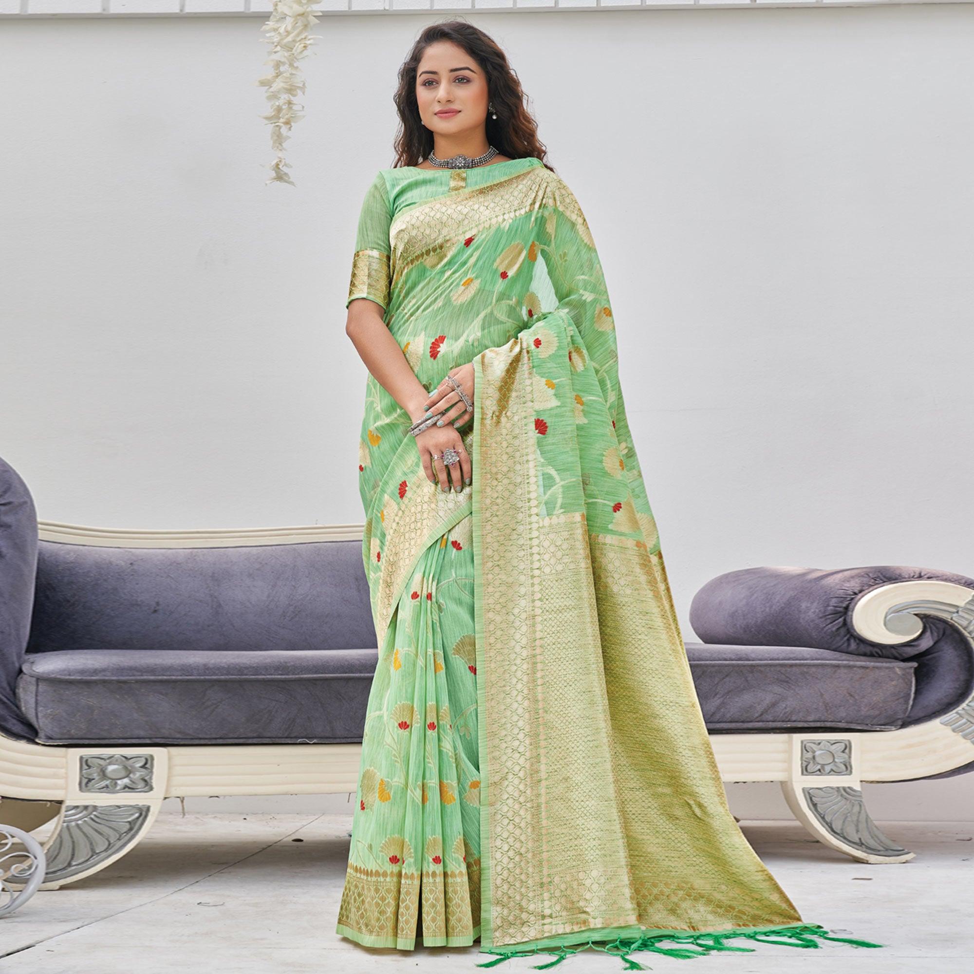 Green Woven Poly Cotton Saree With Tassels - Peachmode
