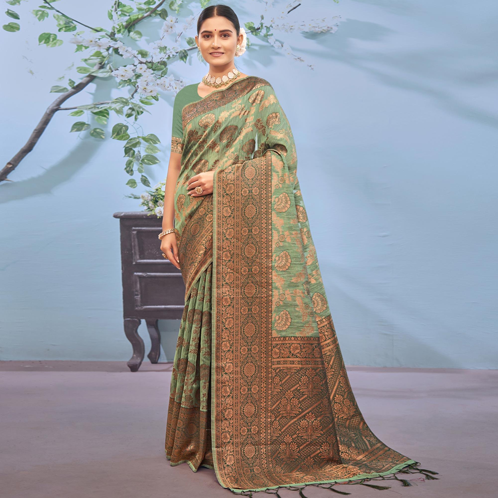 Green Woven Poly Cotton Saree With Tassels - Peachmode