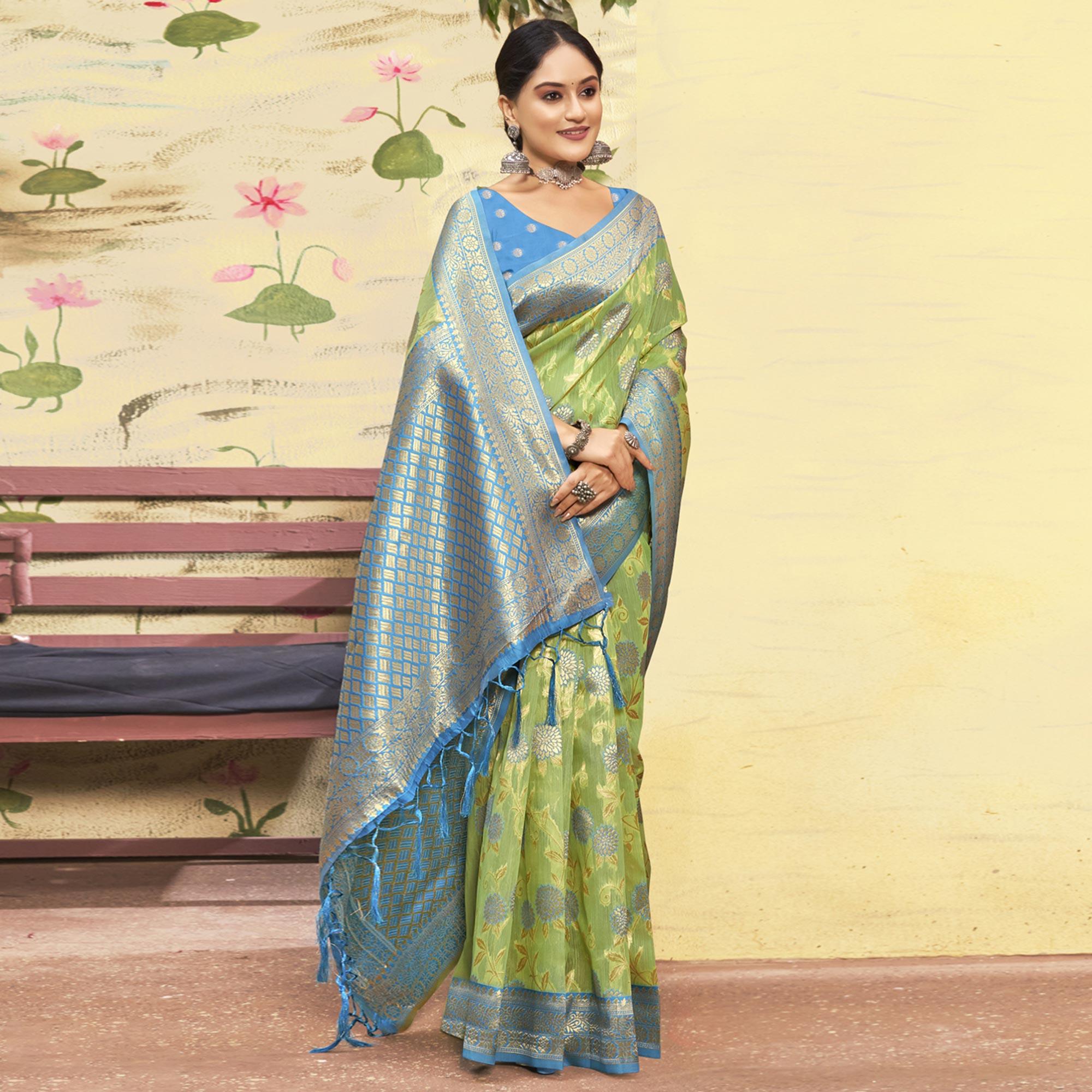 Green Woven Poly Cotton Saree With Tassels - Peachmode