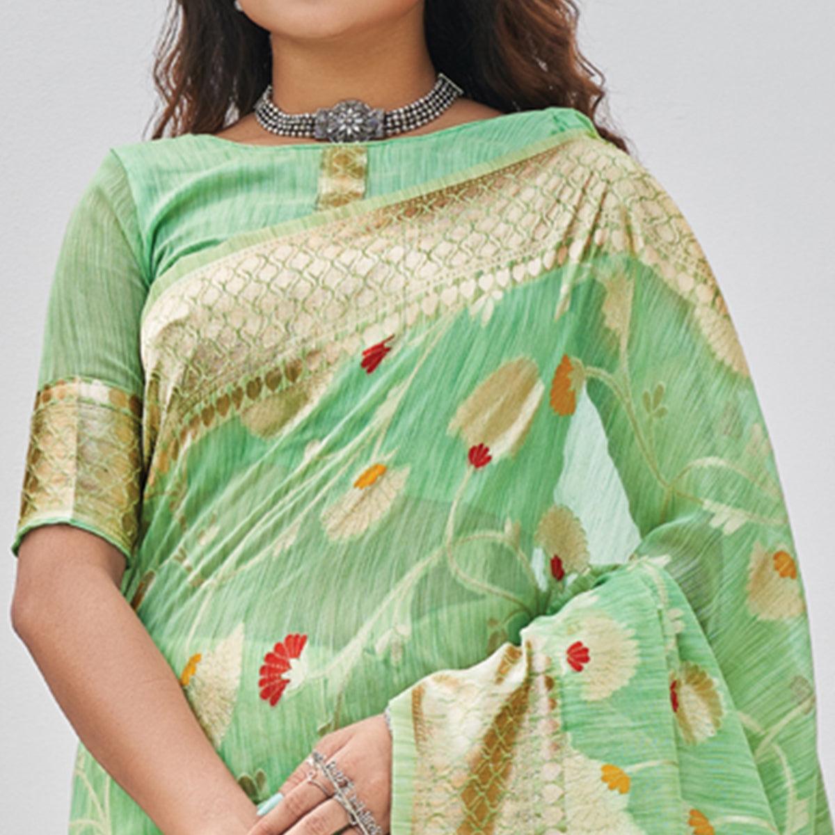 Green Woven Poly Cotton Saree With Tassels - Peachmode