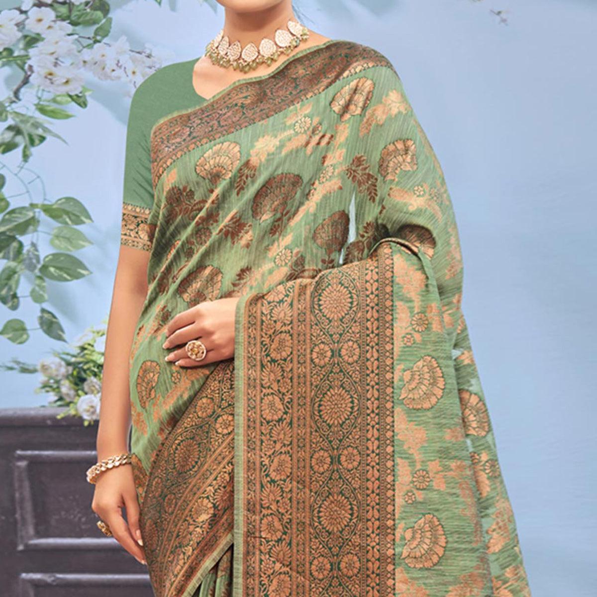 Green Woven Poly Cotton Saree With Tassels - Peachmode