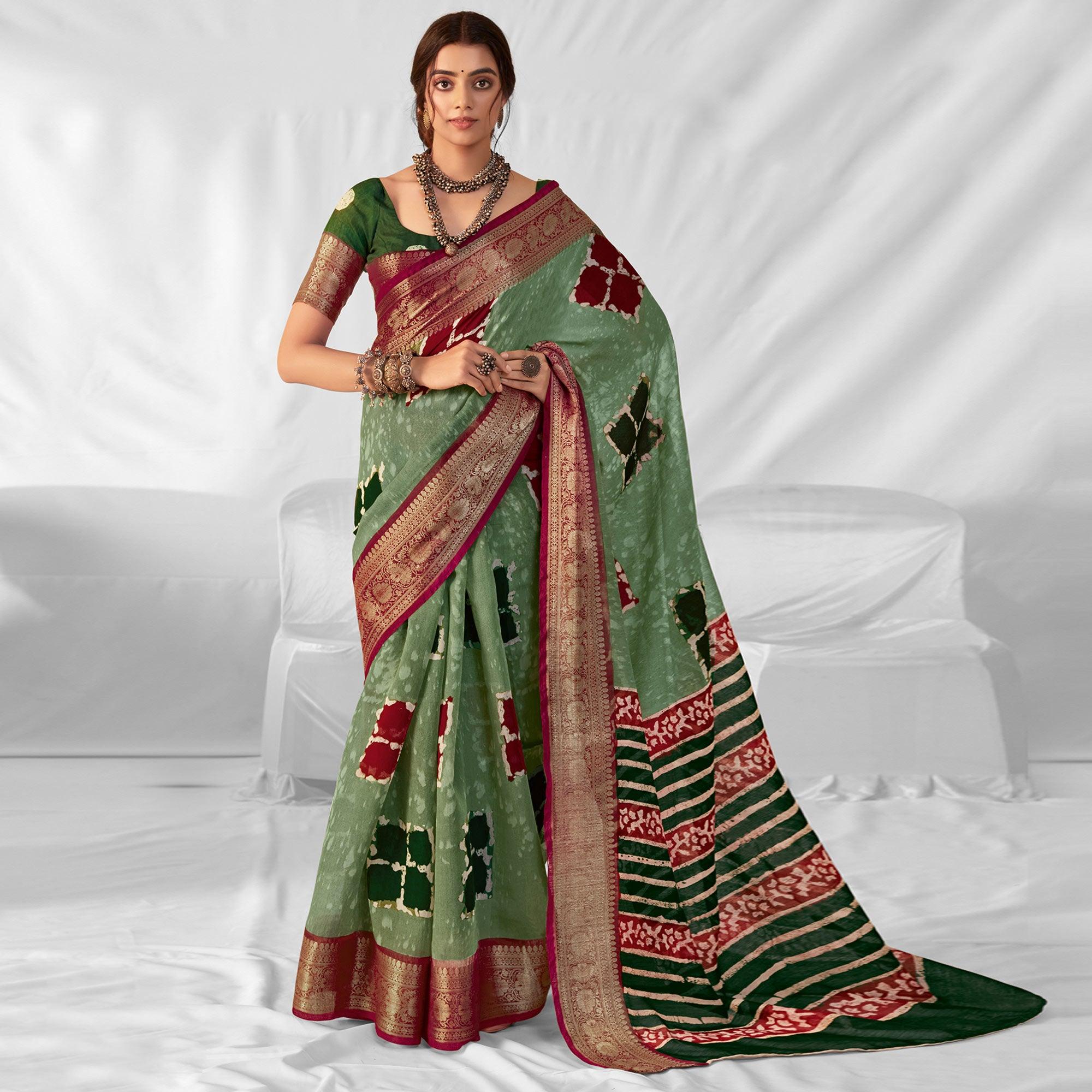 Green Woven-Printed Chanderi Saree - Peachmode