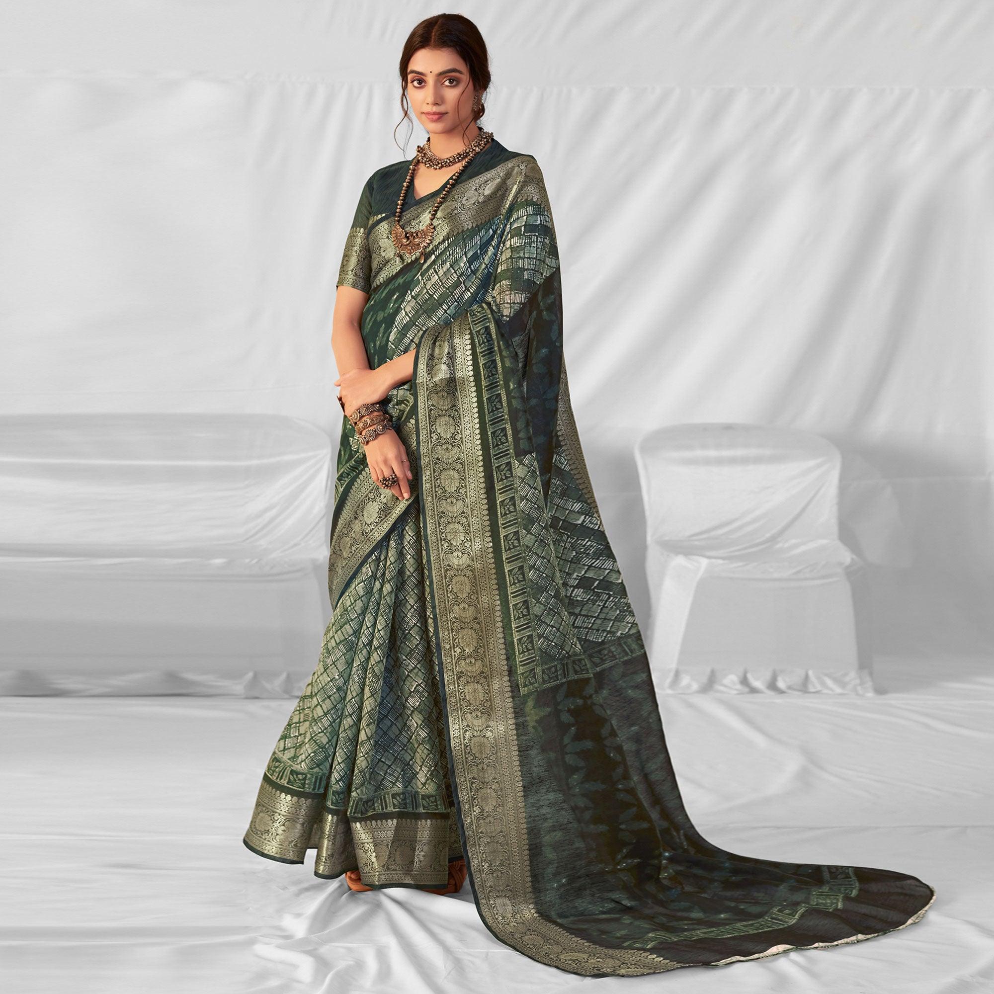Green Woven-Printed Chanderi Saree - Peachmode
