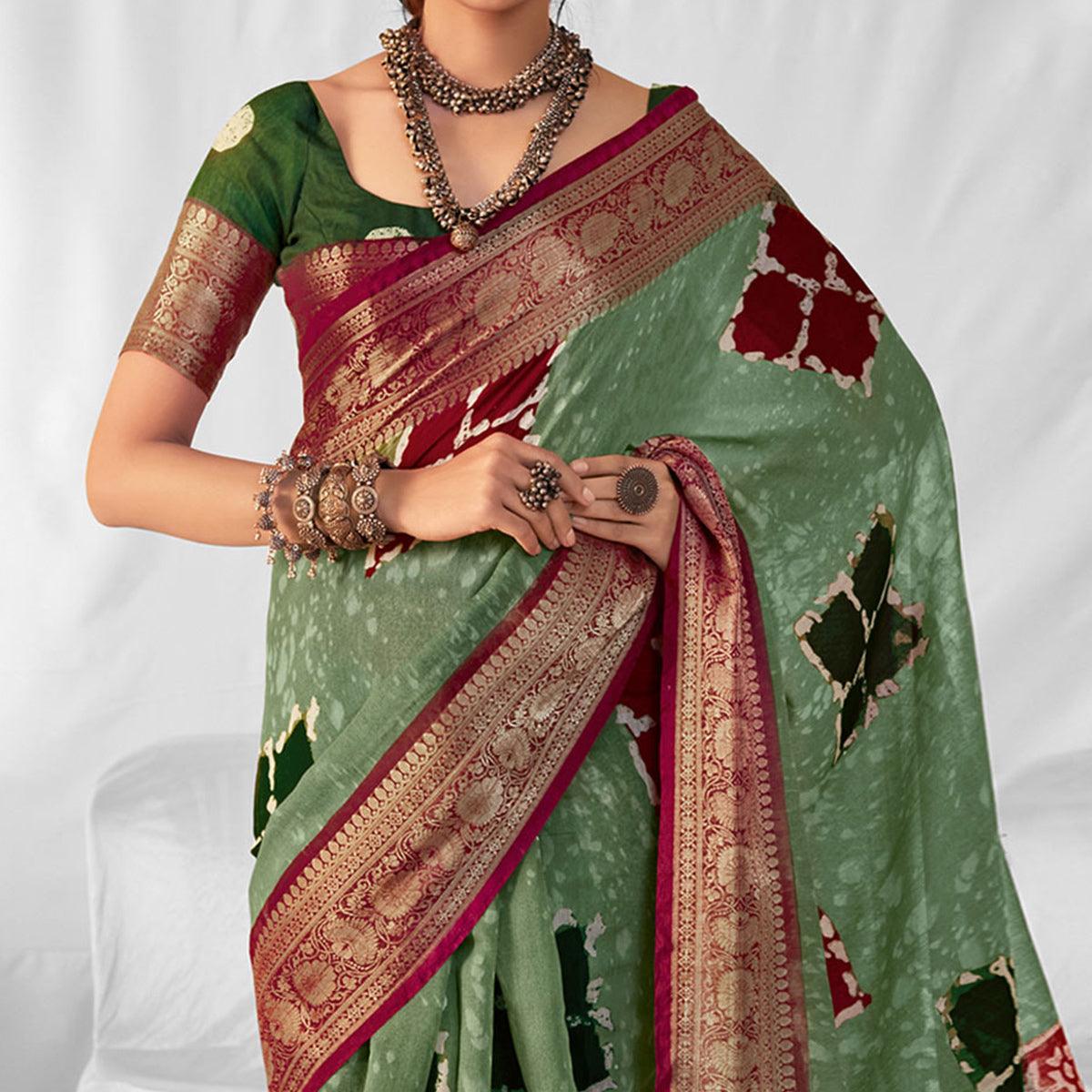 Green Woven-Printed Chanderi Saree - Peachmode