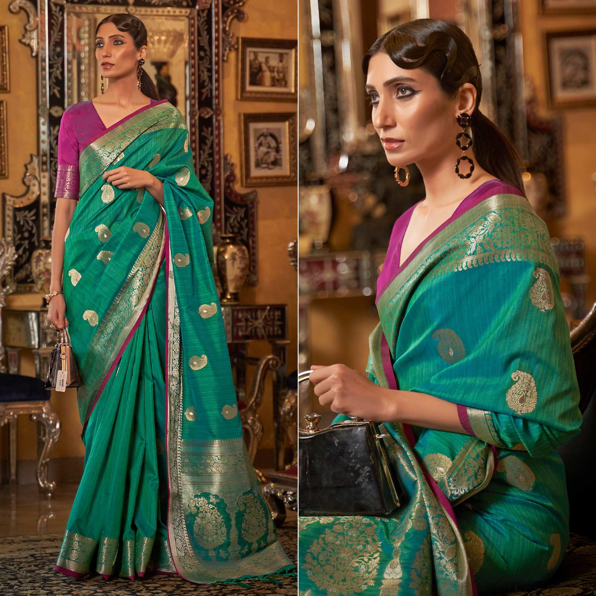 Green Woven Pure Silk Saree - Peachmode