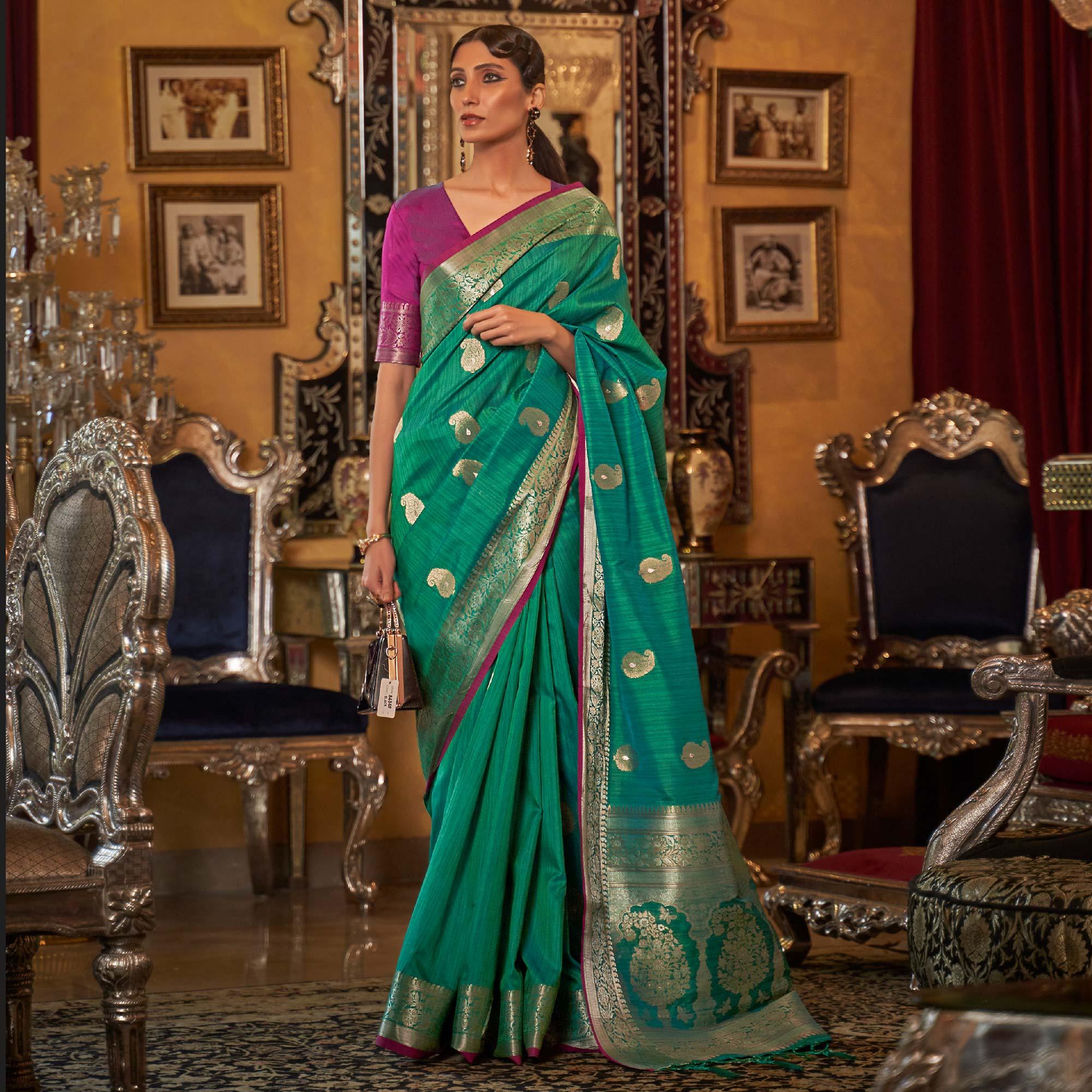 Green Woven Pure Silk Saree - Peachmode