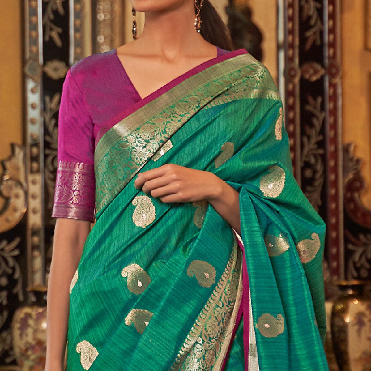 Green Woven Pure Silk Saree - Peachmode