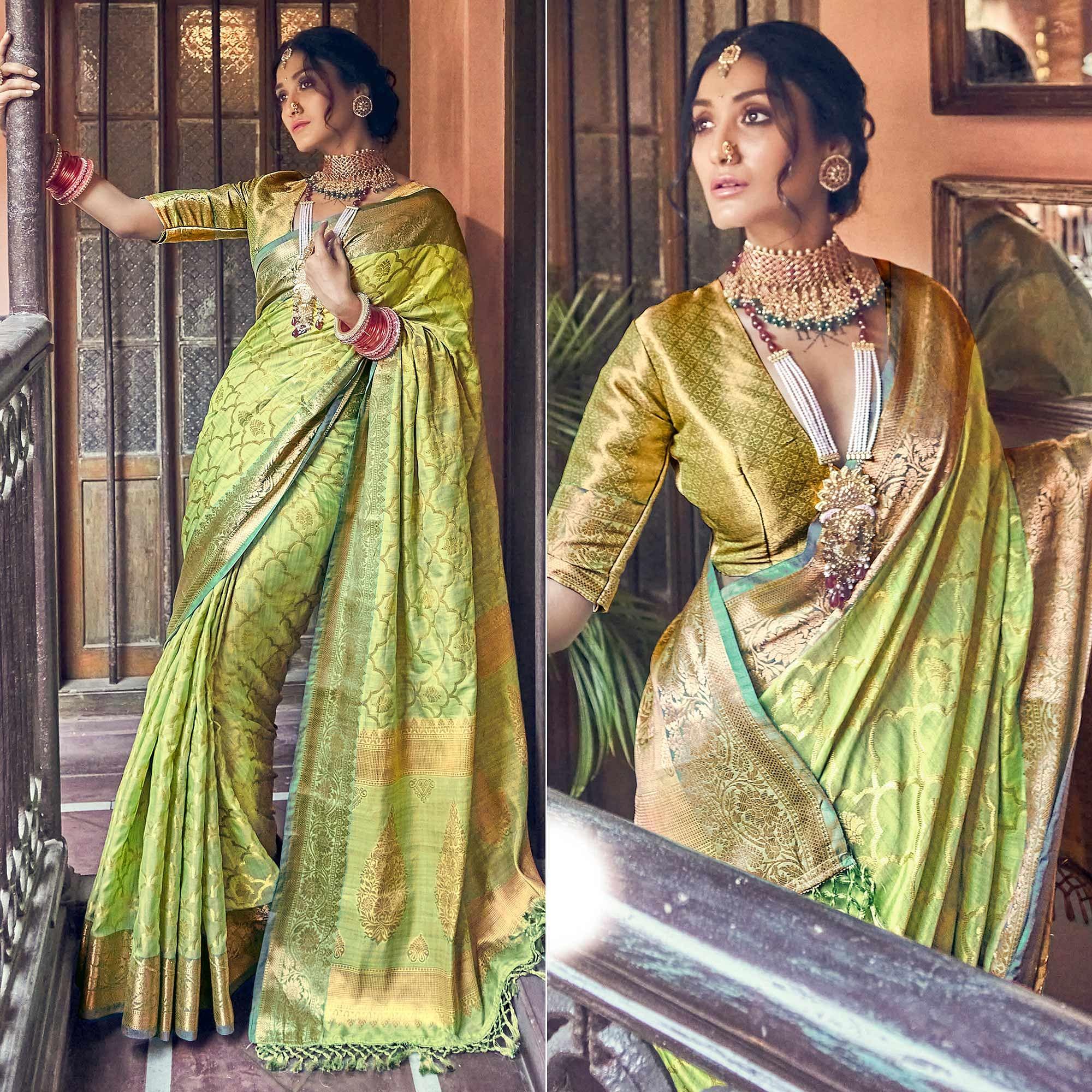 Green Woven Pure Silk Saree With Tassels - Peachmode