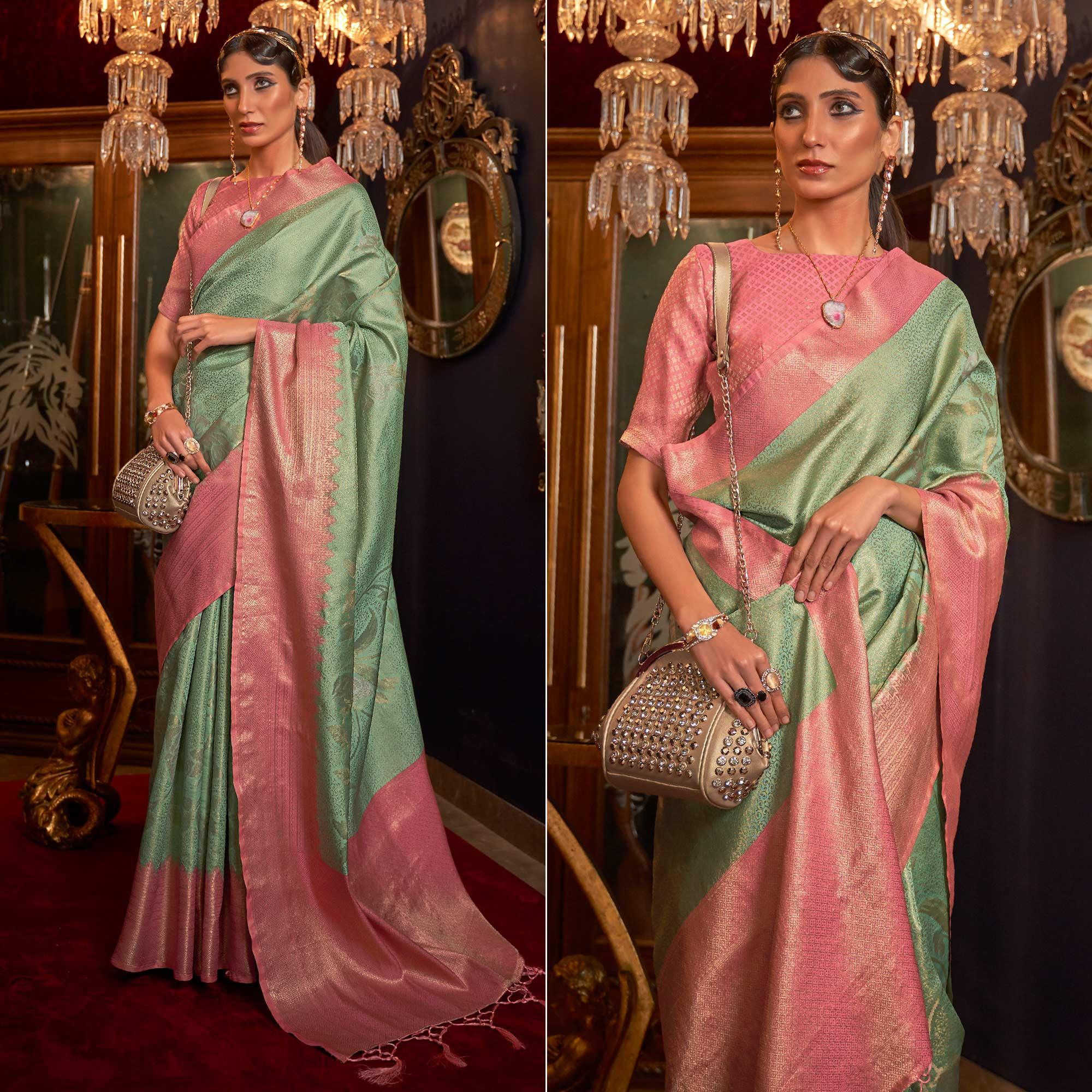 Green Woven Pure Silk Saree With Tassels - Peachmode