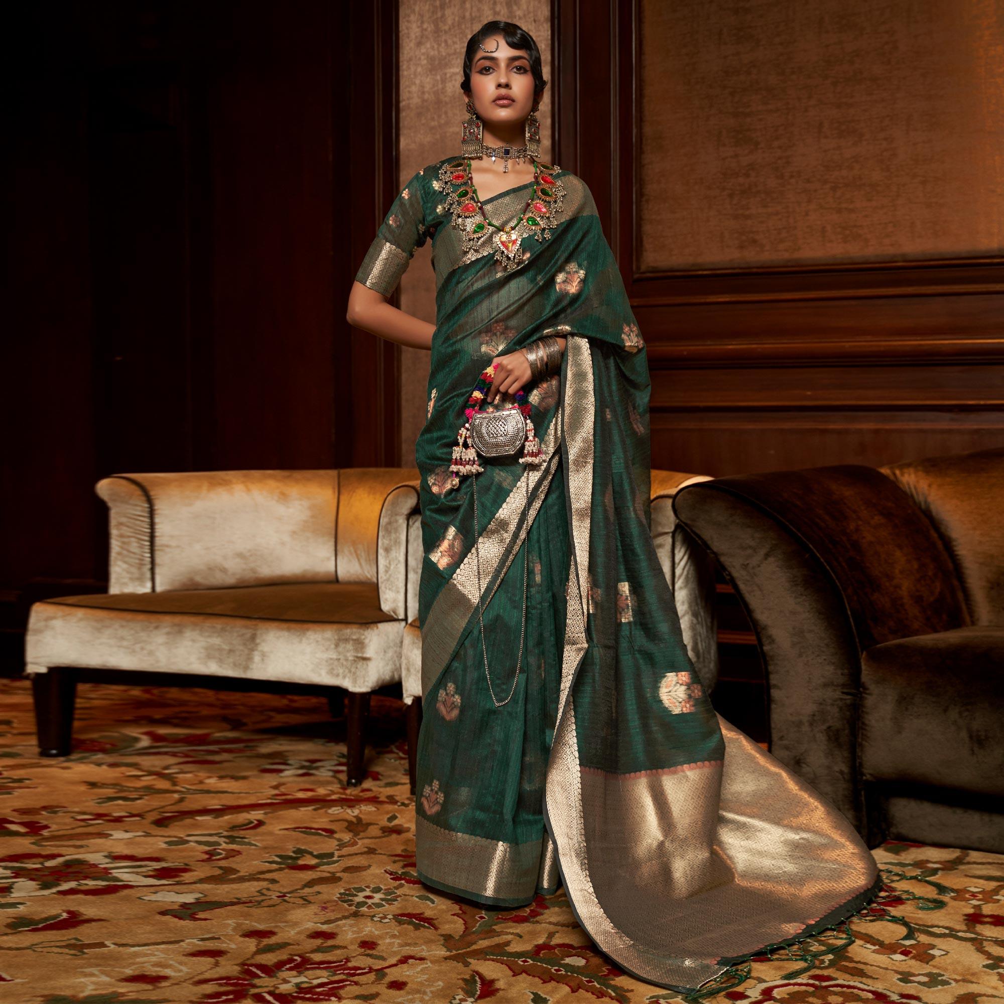 Green Woven Pure Silk Saree With Tassels - Peachmode