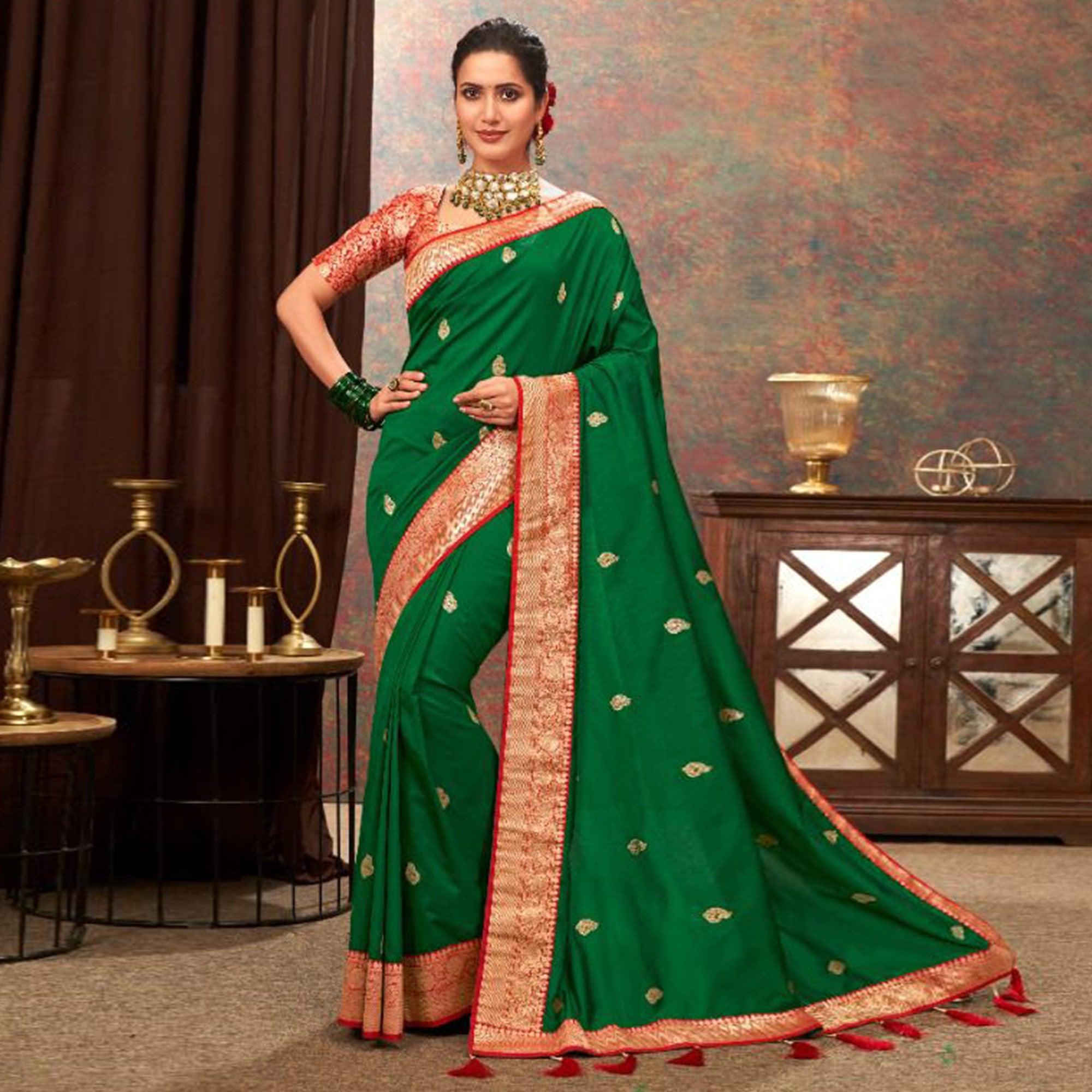 Green Woven Pure Silk Saree With Tassels - Peachmode