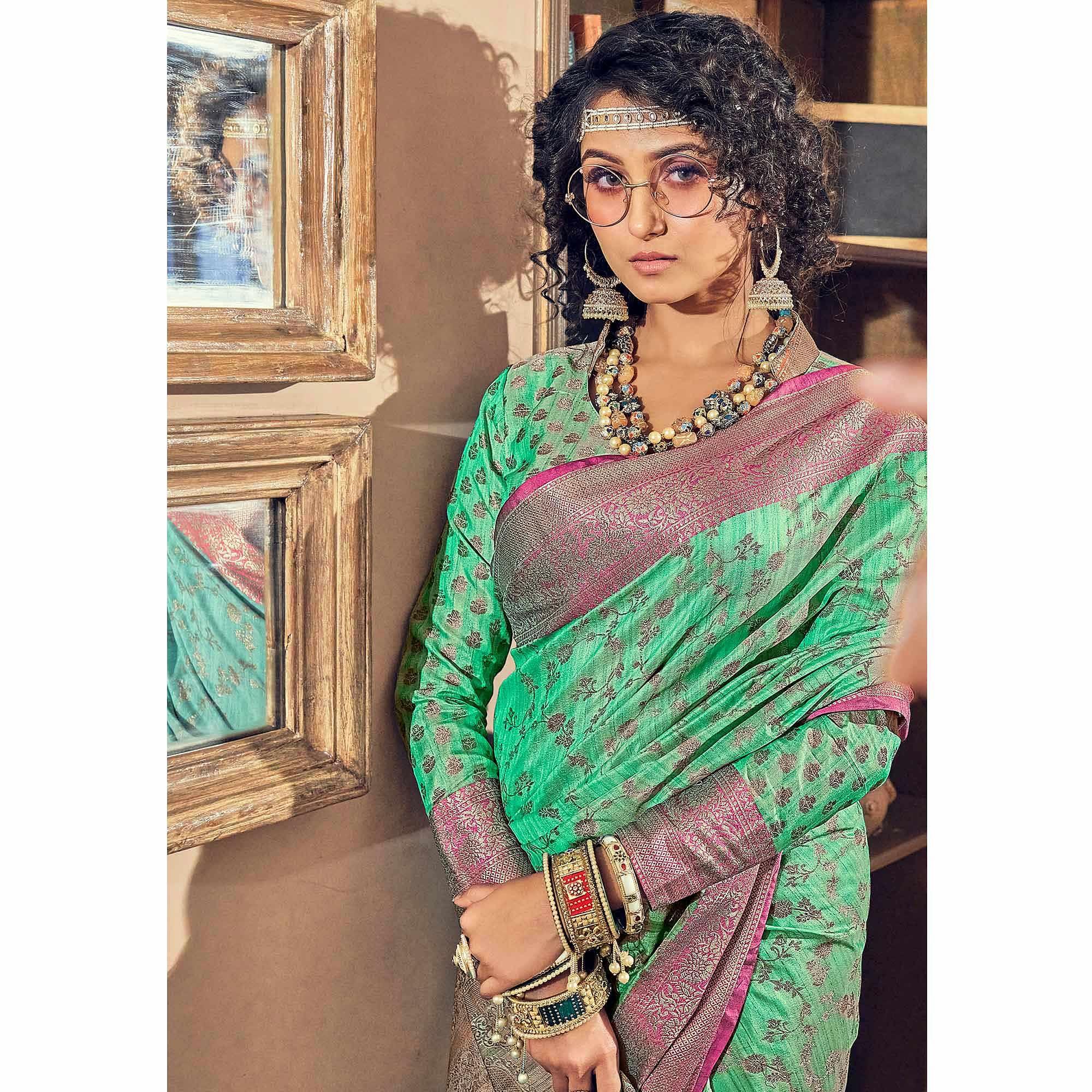 Green Woven Pure Silk Saree With Tassels - Peachmode