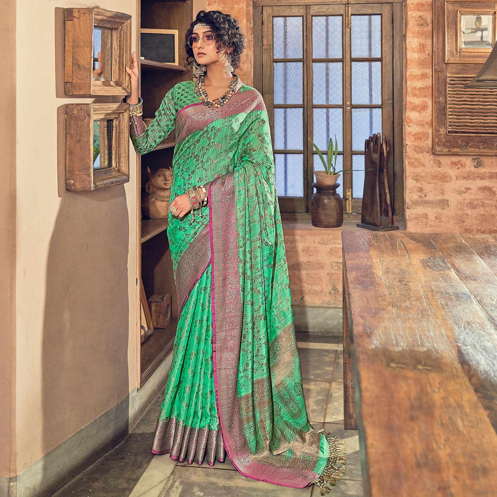 Green Woven Pure Silk Saree With Tassels - Peachmode