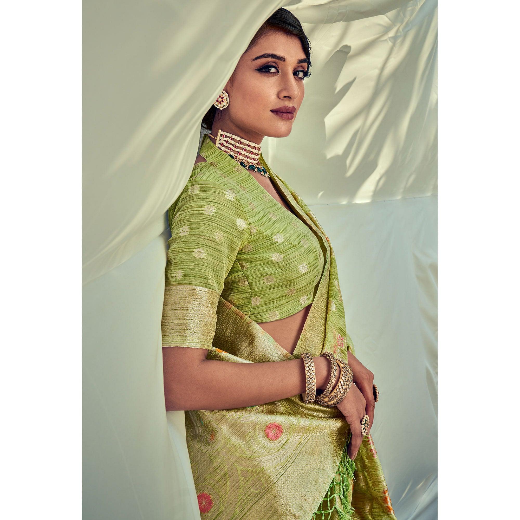 Green Woven Pure Silk Saree With Tassels - Peachmode